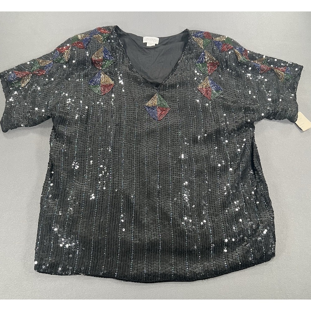 Design Assets Plus 3X Silk Sequin Top Embellished Evening HEAVY 80s Vintage Glam